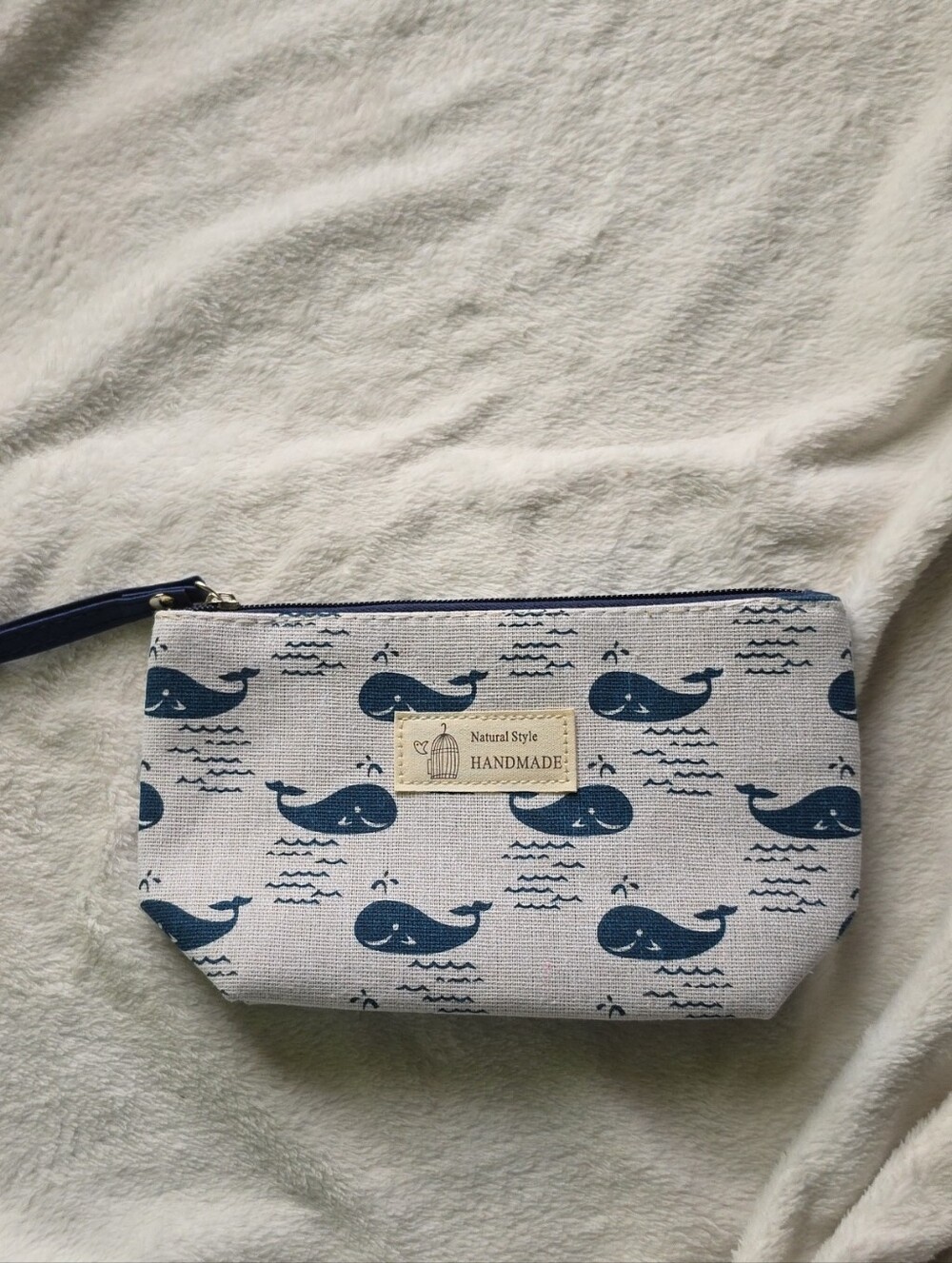Handmade Cosmetic Bag Whale Print Navy Zipper Pouch